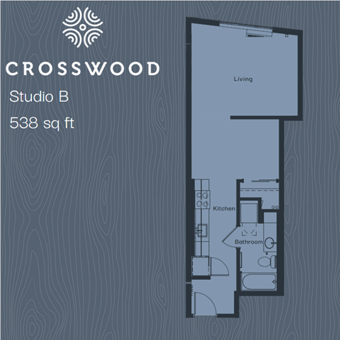 Floor plan for studio, 1 bath, 538 sqft